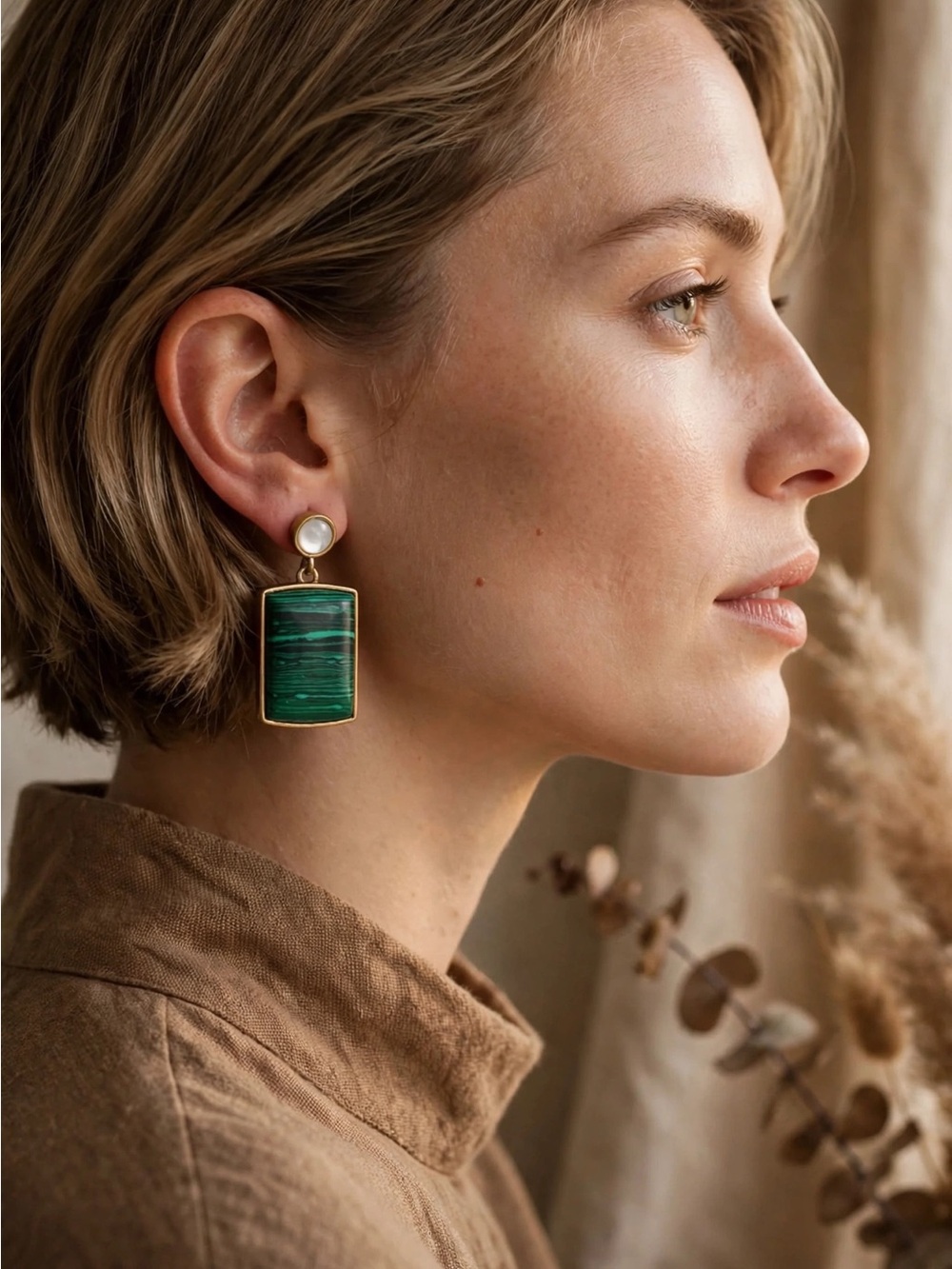 New Malachite Pattern Rectangle Dangle Earrings S925 Silver Posts For Women E095